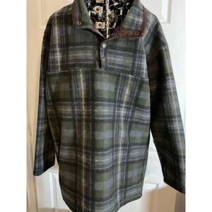 John Wayne Plaid Fleece Pullover‎ Shirt Jacket Mens XL Snap Collar Brown Trim